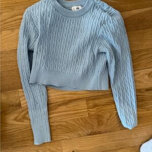 Light Blue Cable Knit Sweater with Padded Shoulder